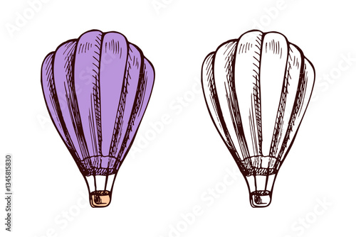 Set of sketch-style hot air balloons, colored and monochrome vintage illustrations