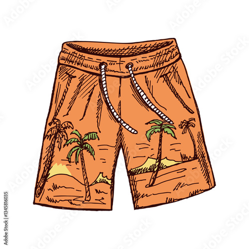 Hand-drawn sketch illustration of beach shorts with tropical palm tree print in vintage style