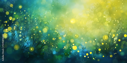 A magical, colorful abstract background featuring glowing fireflies in a twilight mist. The soft glimmers of yellow, green, and blue float gently, illuminating the ethereal landscape with enchanting
