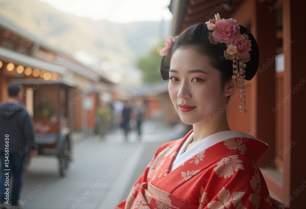 Young woman in red kimono with pink flowers in her hair posing for a portrait Young woman in red kimono with pink flowers in her hair posing for a portrait