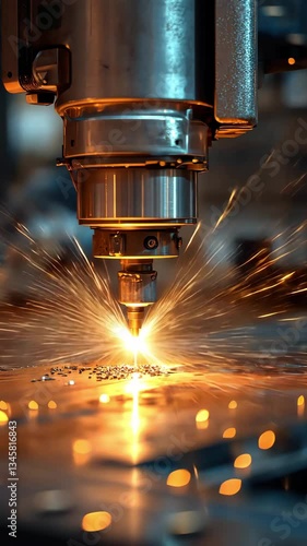 A close-up of a laser cutting machine creating sparks as it processes metal in a modern factory setting.