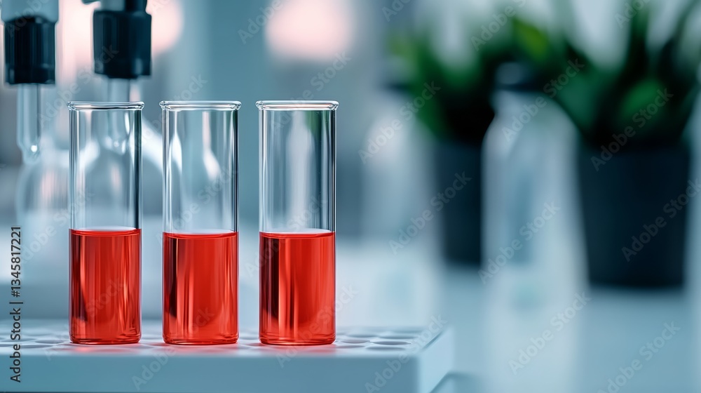 Three test tubes filled with red liquid sit on a white lab bench. The lab bench is surrounded by potted plants and other lab equipment. Concept of scientific experimentation and discovery Three test tubes filled with red liquid sit on a white lab bench. The lab bench is surrounded by potted plants and other lab equipment. Concept of scientific experimentation and discovery