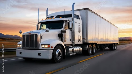 A large semi truck is driving down a road