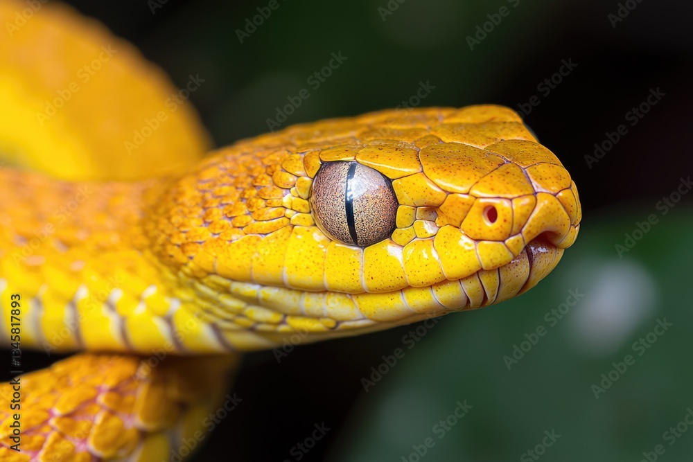 A detailed shot of a yellow snake's head, highlighting its unique features and texture A detailed shot of a yellow snake's head, highlighting its unique features and texture