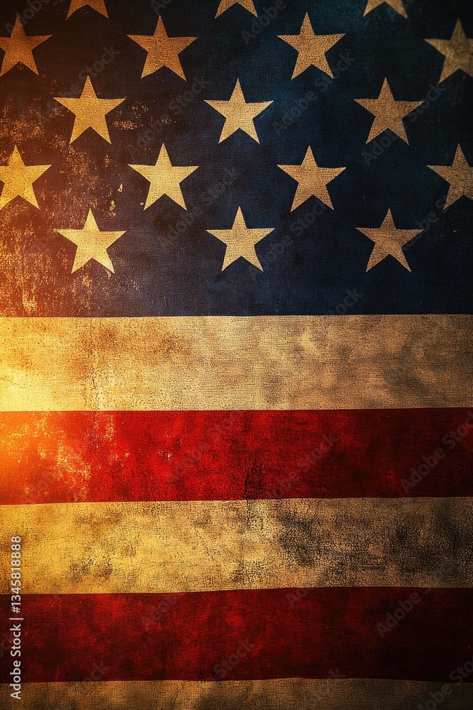 Fototapeta premium An American flag waving with the sun shining brightly behind it