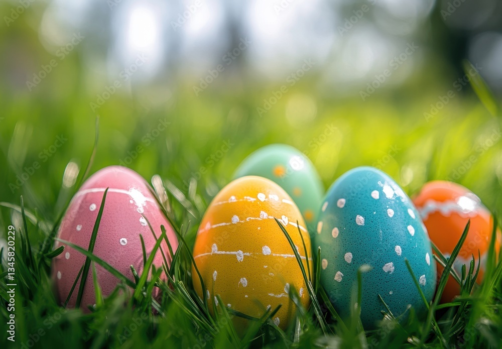Colorful Easter Eggs on Lush Green Grass in Bright Natural Light Perfect for Spring Celebrations and Festive Decorations and Family Gatherings Colorful Easter Eggs on Lush Green Grass in Bright Natural Light Perfect for Spring Celebrations and Festive Decorations and Family Gatherings