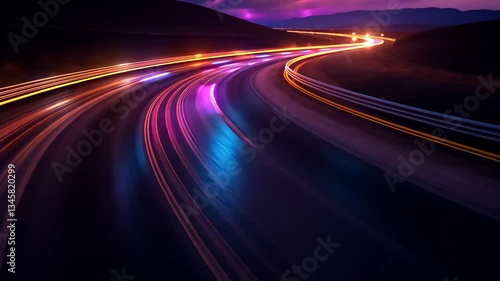 Night highway with vibrant light streaks