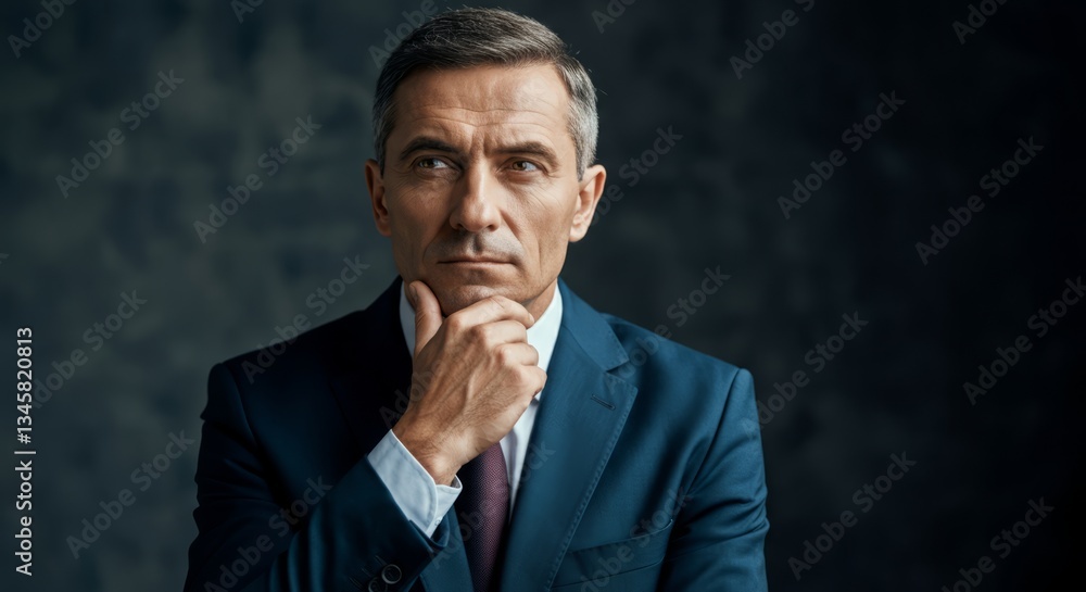 Mature caucasian male in thoughtful pose wearing blue suit against dark background Mature caucasian male in thoughtful pose wearing blue suit against dark background