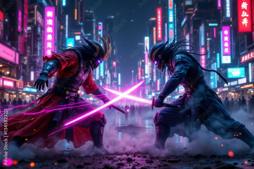 Obraz premium Two armored warriors are fighting with glowing swords in the city