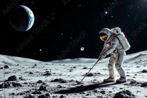 An astronaut plays golf on the surface of a celestial body