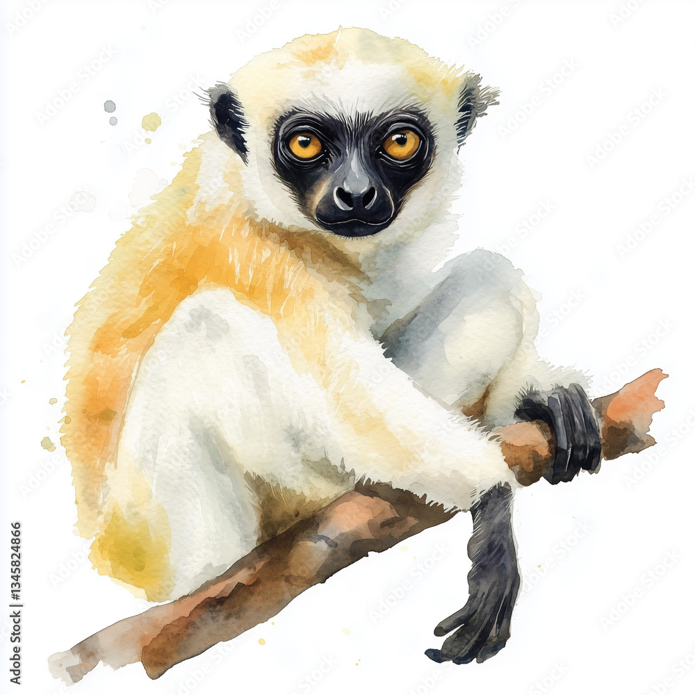 Fototapeta premium Illustration of the Sifaka sitting on the branch, soft watercolor tones, white background, detailed illustration, cartoonish.