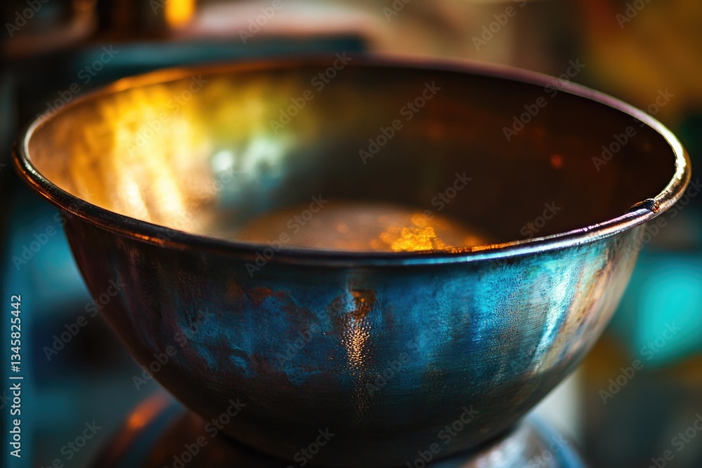 A metal bowl sitting on a table, perfect for serving or displaying A metal bowl sitting on a table, perfect for serving or displaying