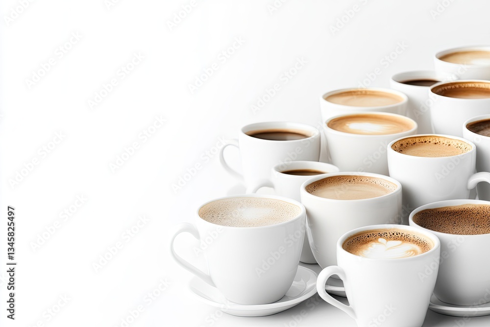 A Collection of Mugs Filled with Coffee Beverages on a White Background A Collection of Mugs Filled with Coffee Beverages on a White Background