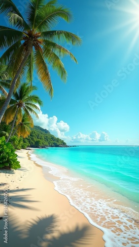 A serene tropical beach with palm trees and a clear blue sky