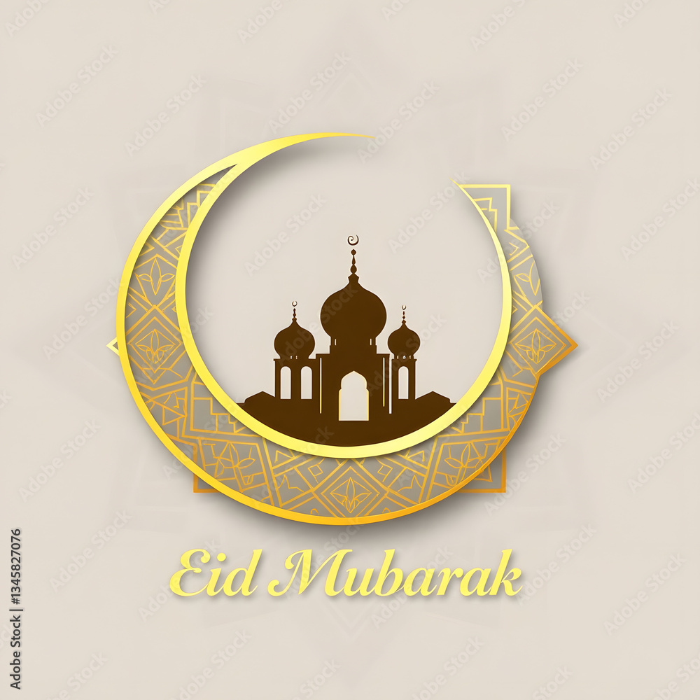 A minimalist Eid Mubarak greeting with a golden crescent moon and mosque, symbolizing joy, spirituality, and celebration of Eid. A minimalist Eid Mubarak greeting with a golden crescent moon and mosque, symbolizing joy, spirituality, and celebration of Eid.