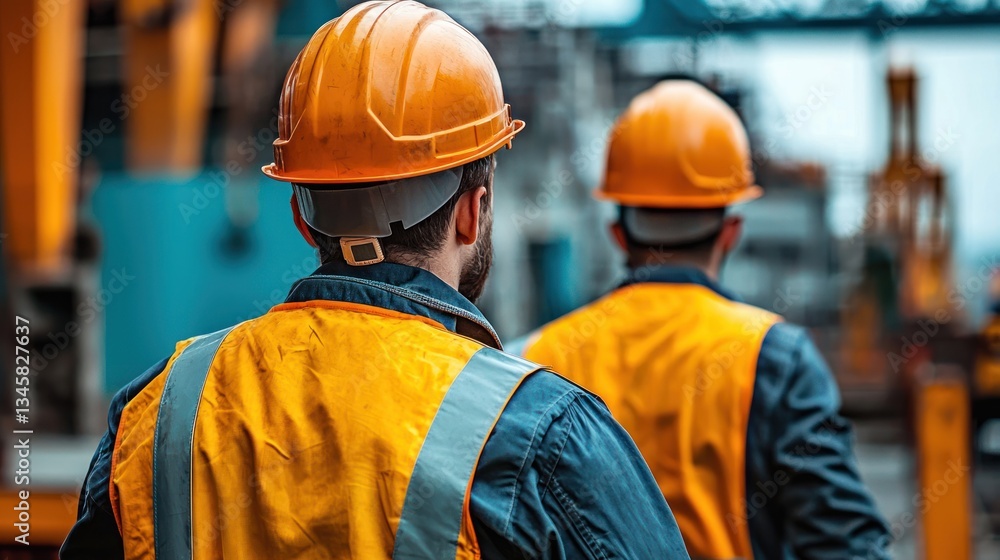 Two workers are seen wearing safety gear in a factory Two workers are seen wearing safety gear in a factory