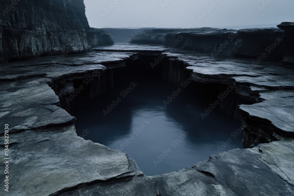 Fototapeta premium Dark, still pool nestled within jagged, eroded rock formations