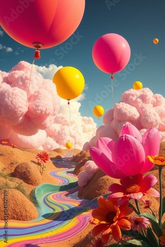 Colorful landscape with balloons and flowers