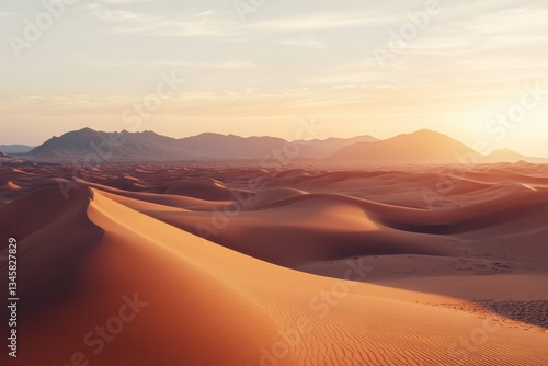Expansive golden dunes shimmer under the soft glow of a setting sun in a tranquil desert landscape