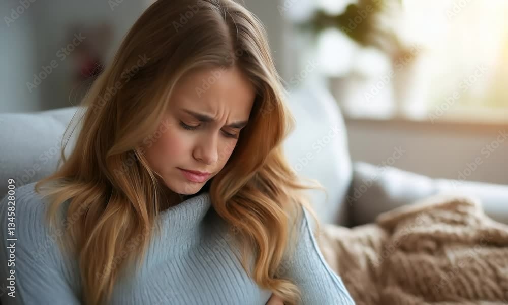 A young woman in a cozy sweater sits on a couch, holding her stomach in discomfort, possibly experiencing cramps, indigestion, or illness A young woman in a cozy sweater sits on a couch, holding her stomach in discomfort, possibly experiencing cramps, indigestion, or illness