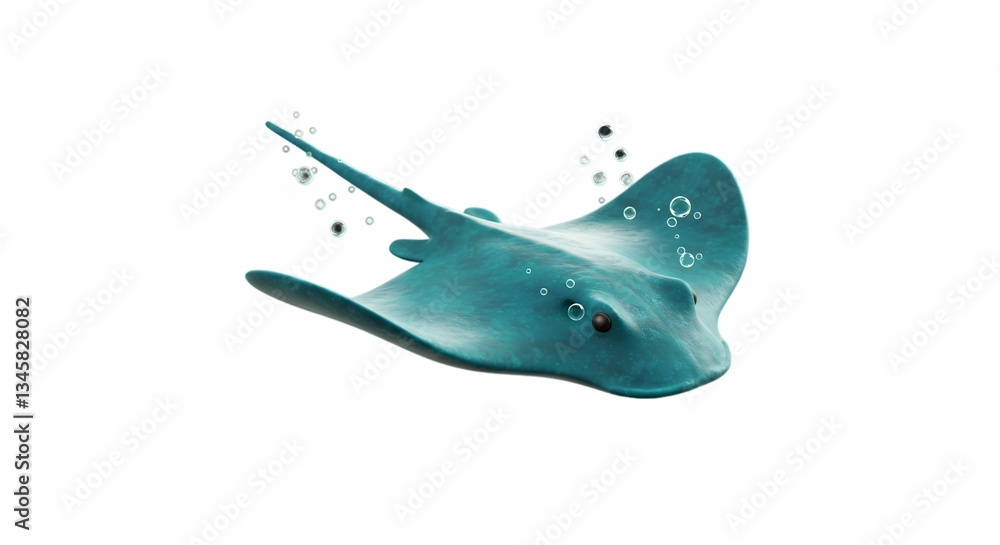 Fototapeta premium Isolated Blue Stingray Swimming Underwater with Bubbles Around It