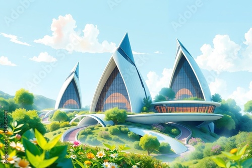 Modern architectural design featuring futuristic buildings surrounded by lush greenery and flowers with a clear blue sky