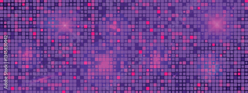 Neon backdrop of a discotheque or nightclub. Brilliant shining dance floor. Vector background for mirror disco ball in pink and purple colour. Tile on the wall
