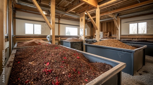 A composting station showcases various organic materials in a zero-waste production facility with wooden beams and natural light streaming through the windows