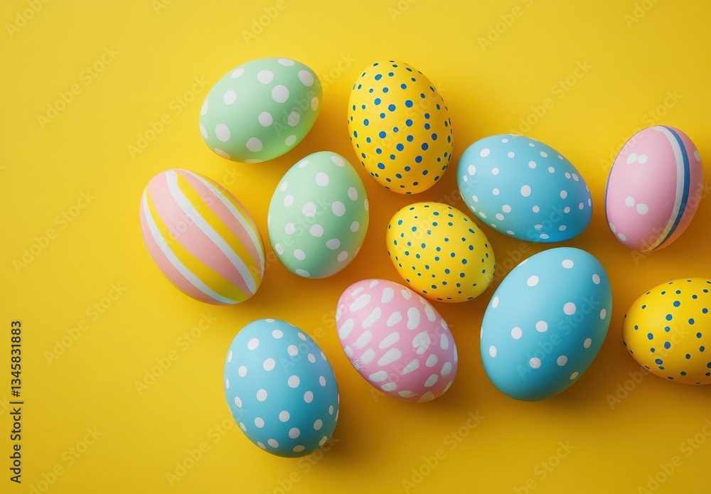 Colorful Easter Eggs with Dots and Stripes on Bright Yellow Background, Perfect for Celebrations, Spring Themes, and Festive Decorations Colorful Easter Eggs with Dots and Stripes on Bright Yellow Background, Perfect for Celebrations, Spring Themes, and Festive Decorations