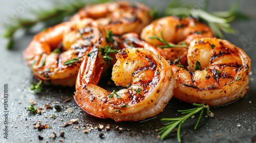 Delicious grilled shrimp arranged with fresh green herbs on stone