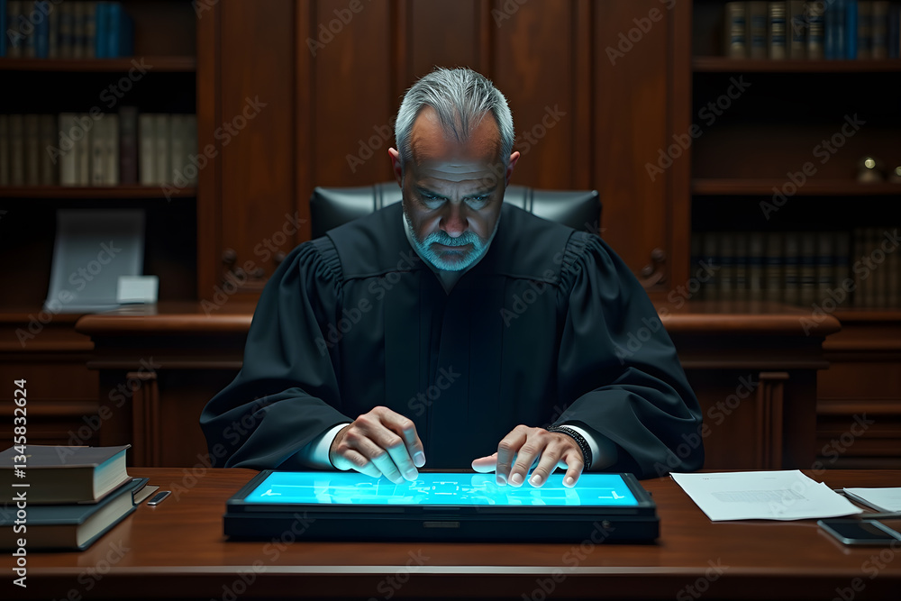 Digital Justice: A serious judge, dressed in traditional robes, navigates a large interactive screen in a modern courtroom, emphasizing technology's impact on law. Digital Justice: A serious judge, dressed in traditional robes, navigates a large interactive screen in a modern courtroom, emphasizing technology's impact on law.