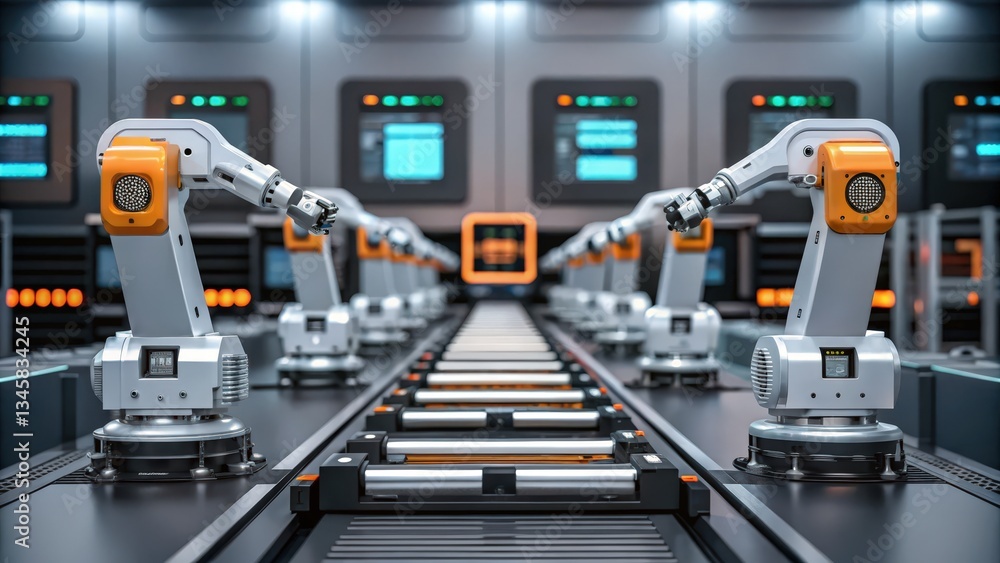 Futuristic robotic assembly process showcasing advanced technology and automation in manufacturing. Factory automation, Futuristic robotic assembly process showcasing advanced technology and automation in manufacturing. Factory automation,