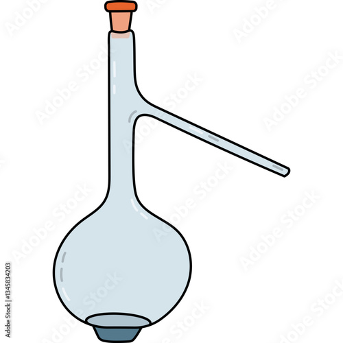 Cute doodle laboratory beaker with spout and cork for chemical solutions, reagents. High and round flask for science experiment, chemistry, biology tests. Hand drawn lab glassware isolated on white.