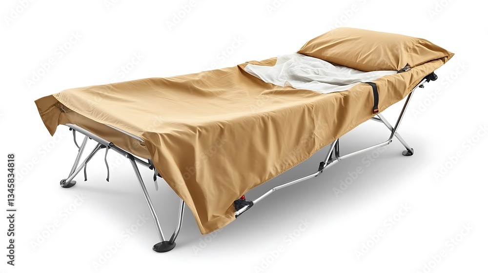 Portable Camp Cot for Tan Canvas, Outdoor Sleep. Portable Camp Cot for Tan Canvas, Outdoor Sleep.