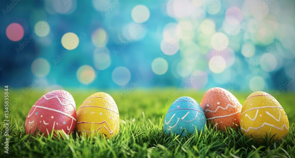 Colorful Easter eggs with playful designs resting on vibrant green grass in a bright bokeh background, celebrating springtime joy and tradition Colorful Easter eggs with playful designs resting on vibrant green grass in a bright bokeh background, celebrating springtime joy and tradition