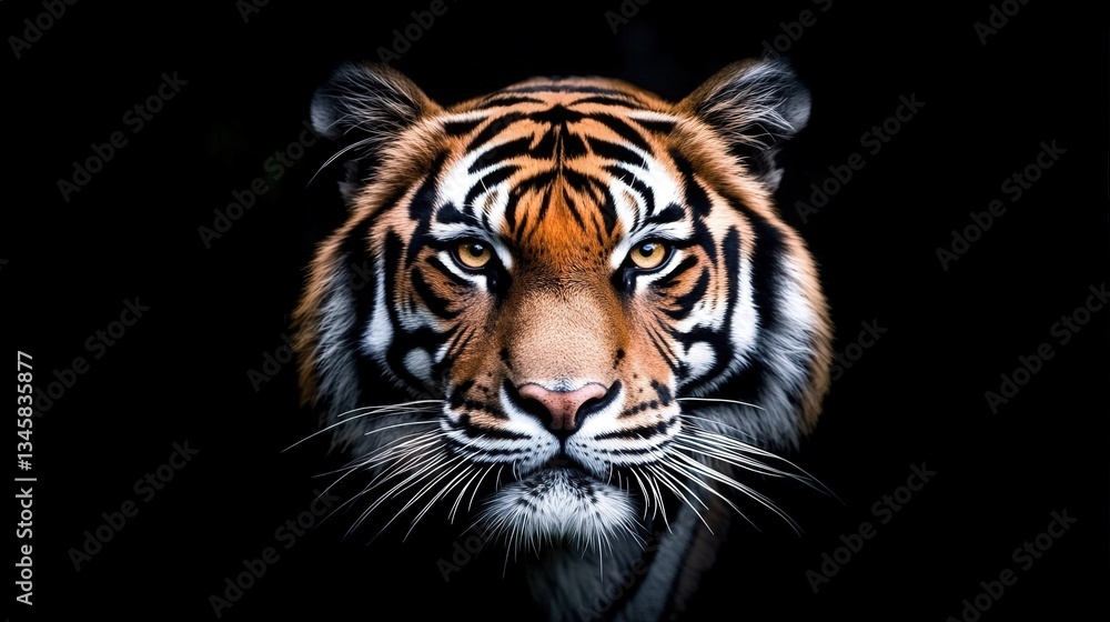 Naklejka premium A striking close-up of a tiger's face with intense eyes, showcasing its majestic features against a dark background.