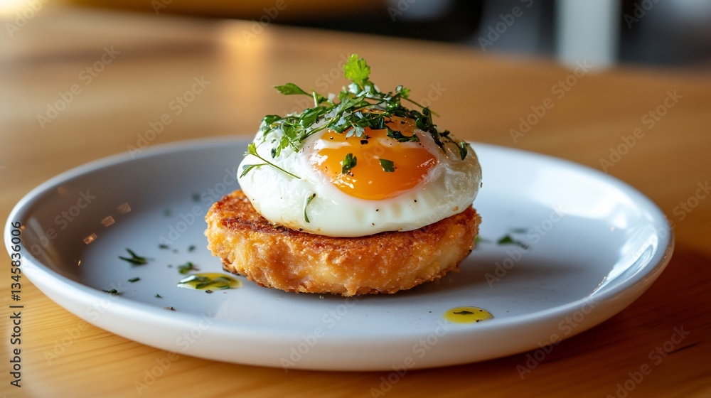 Fried patty topped with a fried egg and herbs Fried patty topped with a fried egg and herbs