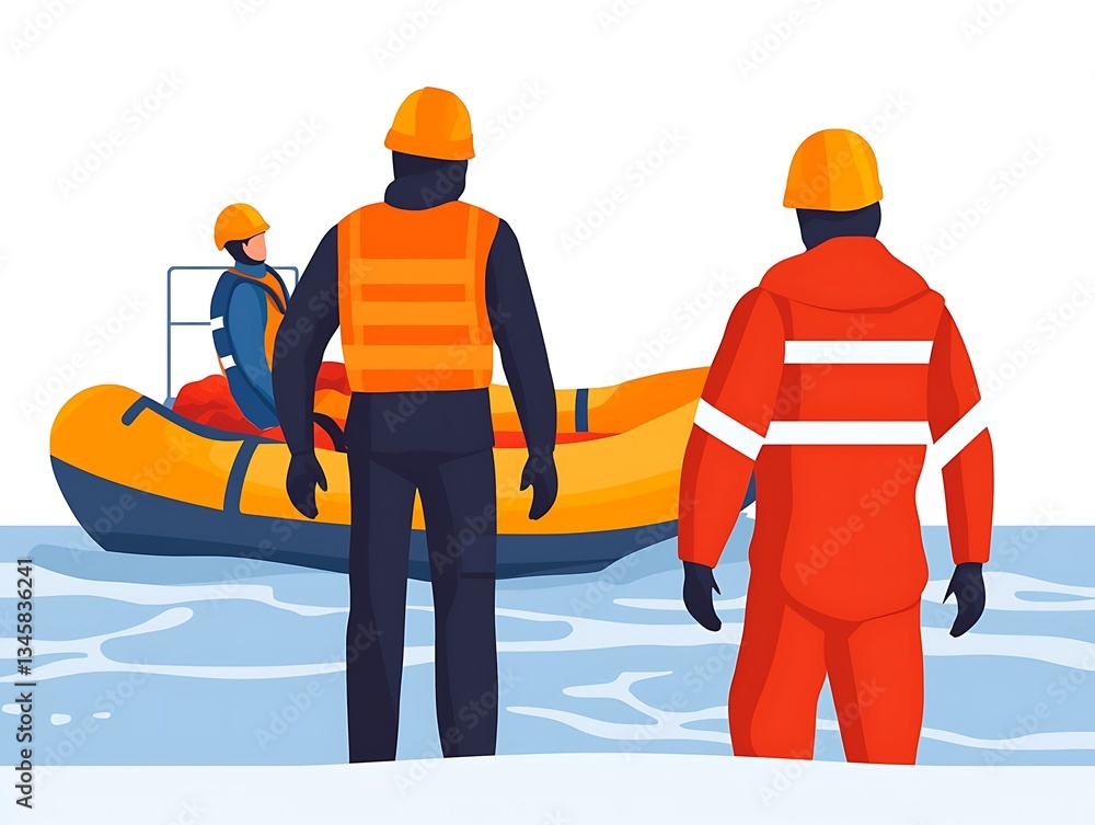 Fototapeta premium Three individuals in safety gear observe a rescue boat on water, highlighting teamwork and safety in marine operations.