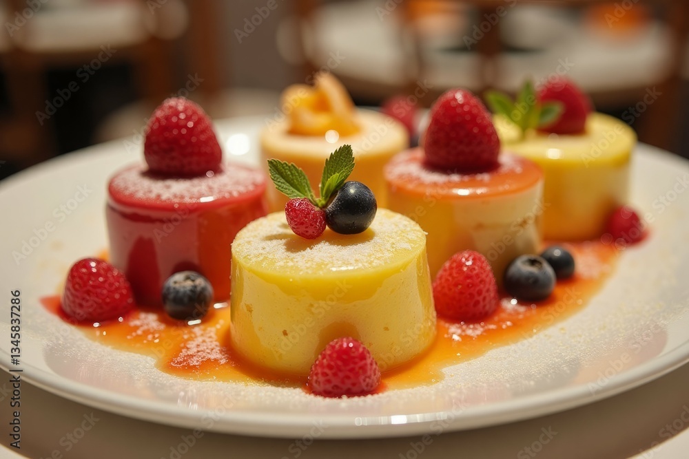 An assortment of mini desserts topped with fresh berries on plate An assortment of mini desserts topped with fresh berries on plate