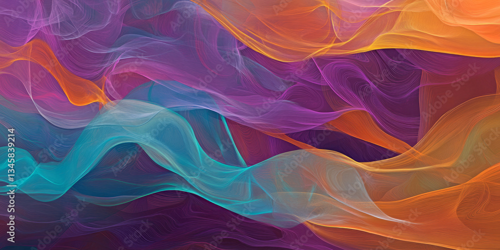 Fototapeta premium A surreal, colorful abstract background with layered, translucent waves. The flowing, overlapping forms in neon purple, bright turquoise, and warm coral create a futuristic, organic, and visually