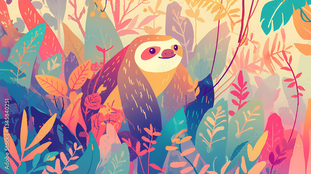 Fototapeta premium Sloth in the forest cartoon colorful illustration