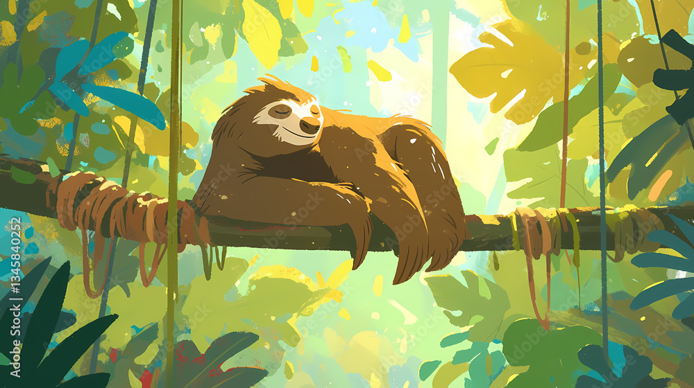 Fototapeta premium Sloth in the forest cartoon colorful illustration