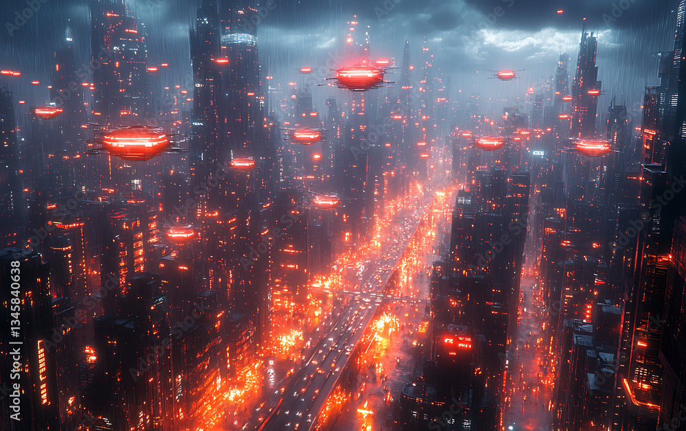 Obraz premium Futuristic City Skyline with Glowing Delivery Drones and Neon Streets
