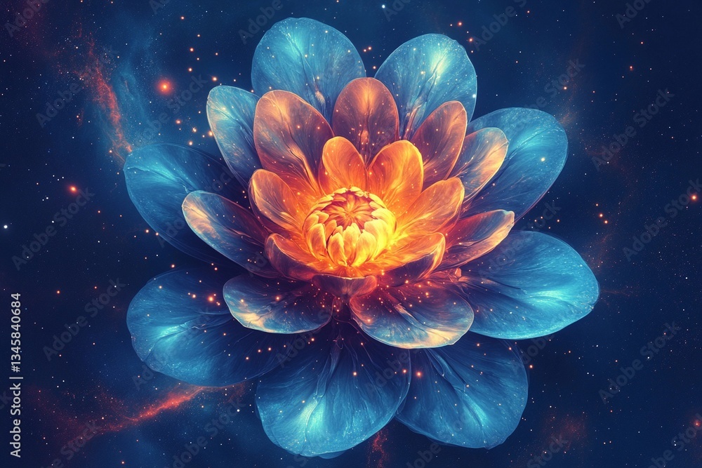 Cosmic flower blooms in vibrant colors against a starry galaxy background Cosmic flower blooms in vibrant colors against a starry galaxy background