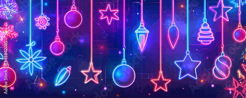 Colorful neon christmas ornaments on dark background