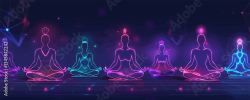 Neon yoga silhouettes meditating with chakra auras on dark abstr