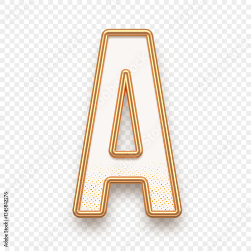 Letter A. Golden alhabet text effect. Realistic gold metal font. Golden ouline font. Metallic 3d typeface. English alphabet. Vector illustration.
