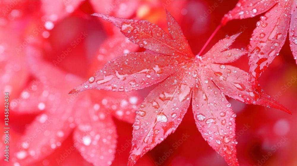 Red Maple Leaves with Dew Drops Autumn Nature Red Maple Leaves with Dew Drops Autumn Nature
