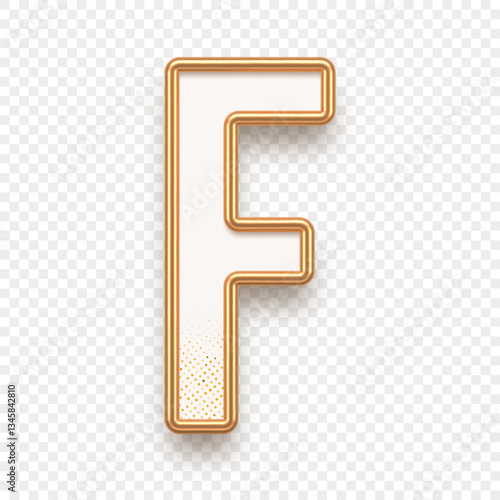 Letter F. Golden alhabet text effect. Realistic gold metal font. Golden ouline font. Metallic 3d typeface. English alphabet. Vector illustration.