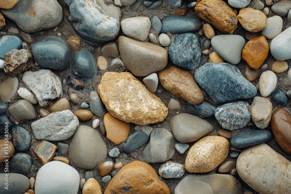 A vibrant assortment of smooth pebbles glimmers under the soft sunlight by the riverside A vibrant assortment of smooth pebbles glimmers under the soft sunlight by the riverside
